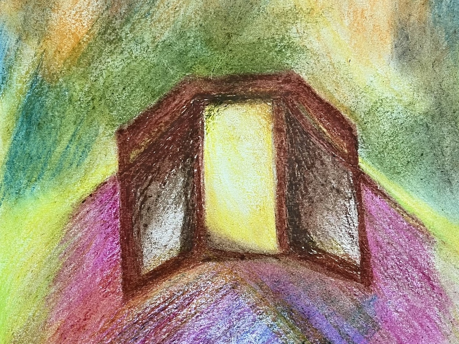 Student oil pastel artwork — a luminous doorway with radiating colour, made in the art therapy workshop
